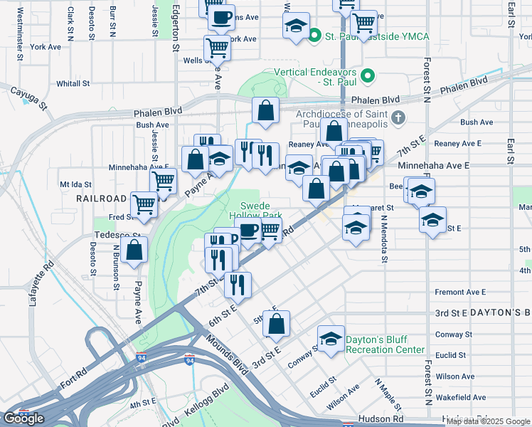 map of restaurants, bars, coffee shops, grocery stores, and more near 658 Greenbrier Street in Saint Paul