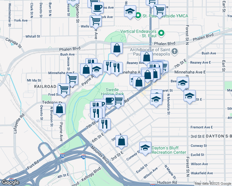 map of restaurants, bars, coffee shops, grocery stores, and more near 658 Greenbrier Street in Saint Paul