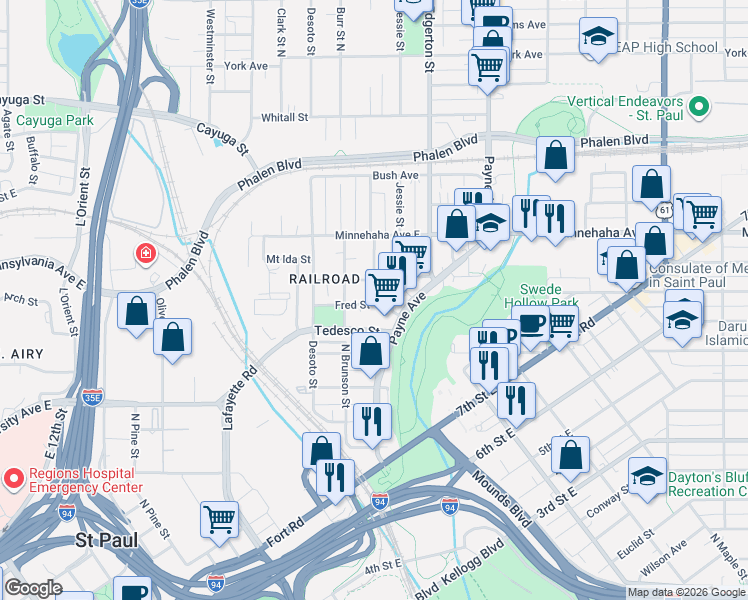 map of restaurants, bars, coffee shops, grocery stores, and more near 653 Bedford Street in Saint Paul