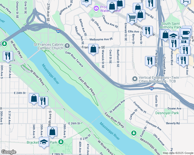 map of restaurants, bars, coffee shops, grocery stores, and more near 1927 East River Terrace in Minneapolis