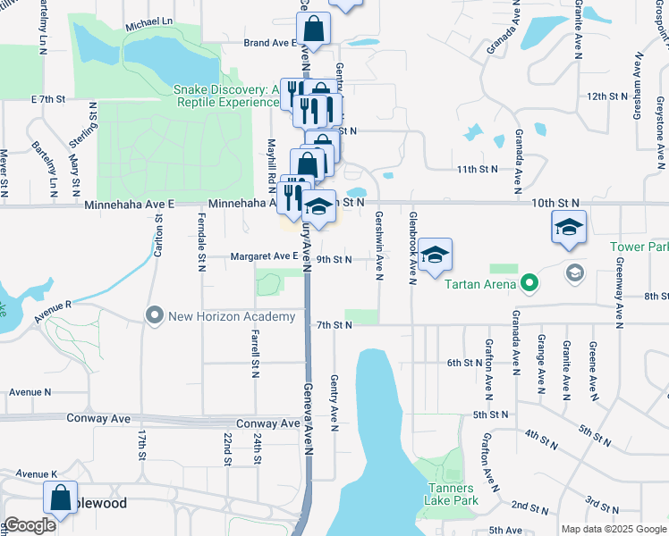 map of restaurants, bars, coffee shops, grocery stores, and more near 6065 9th St N in Oakdale