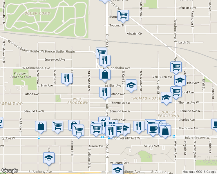 map of restaurants, bars, coffee shops, grocery stores, and more near 656 Dale Street North in Saint Paul