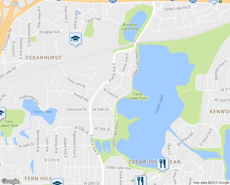 map of restaurants, bars, coffee shops, grocery stores, and more near 3512 West 22nd Street in Minneapolis