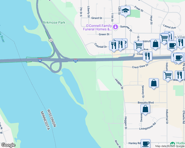 map of restaurants, bars, coffee shops, grocery stores, and more near 1004 Crest View Drive in Hudson