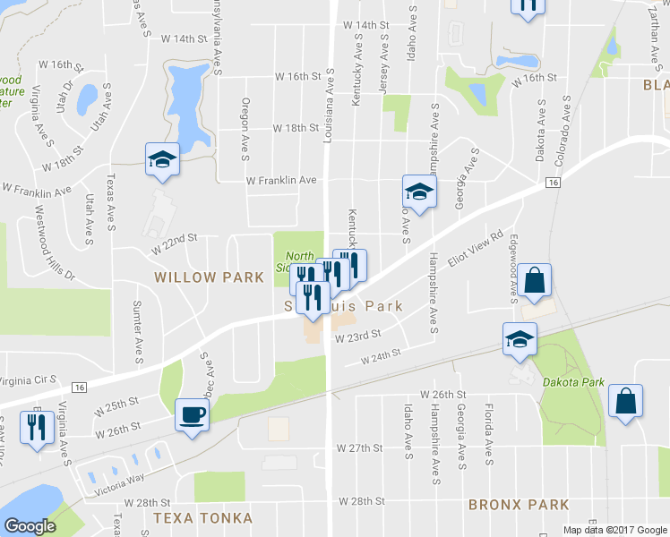 map of restaurants, bars, coffee shops, grocery stores, and more near 2235 Louisiana Avenue South in Minneapolis