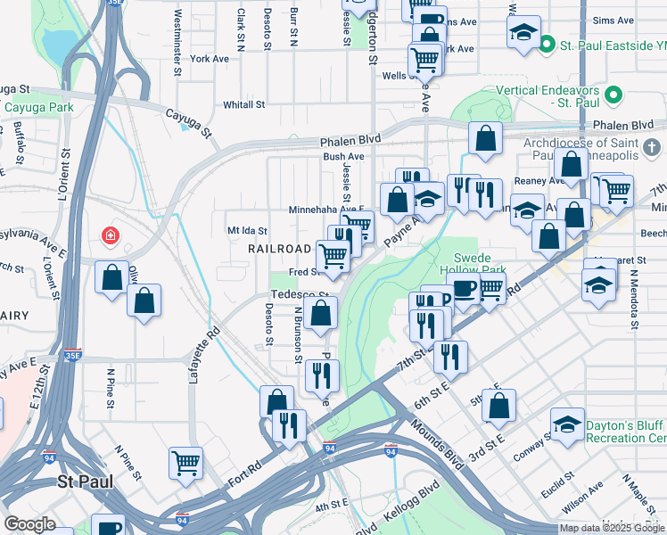 map of restaurants, bars, coffee shops, grocery stores, and more near 653 Bedford Street in Saint Paul
