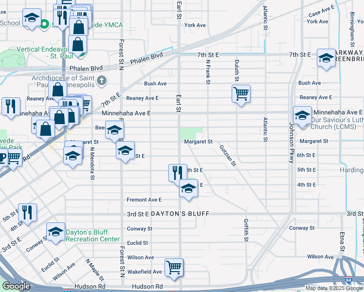 map of restaurants, bars, coffee shops, grocery stores, and more near 654 Earl Street in Saint Paul