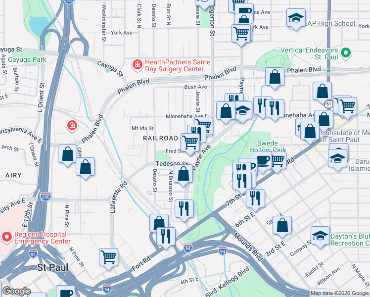 map of restaurants, bars, coffee shops, grocery stores, and more near 653 Bedford Street in Saint Paul