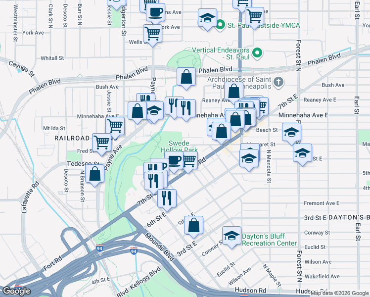 map of restaurants, bars, coffee shops, grocery stores, and more near 658 Greenbrier Street in Saint Paul
