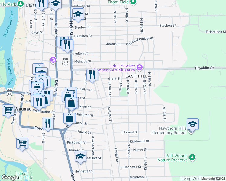 map of restaurants, bars, coffee shops, grocery stores, and more near 515 La Salle Street in Wausau