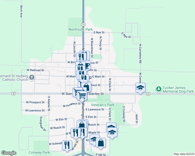 map of restaurants, bars, coffee shops, grocery stores, and more near 204 East Main Street in Thorp