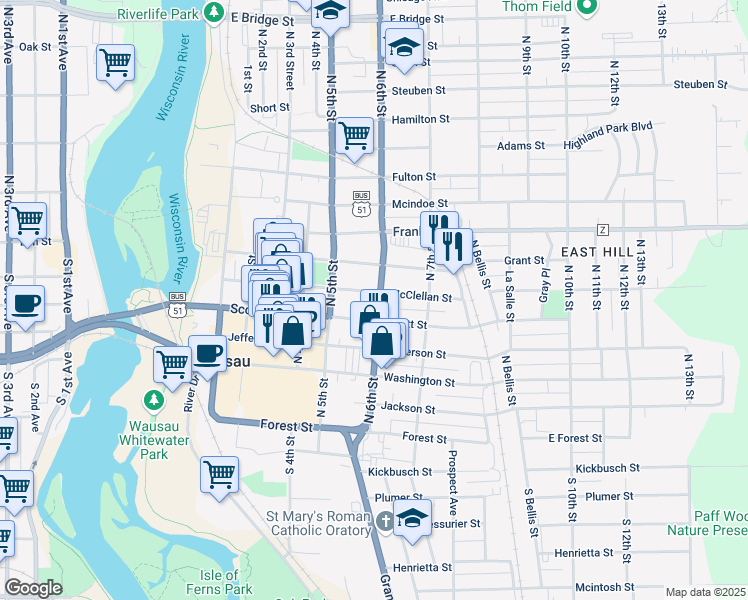map of restaurants, bars, coffee shops, grocery stores, and more near 529 McClellan Street in Wausau