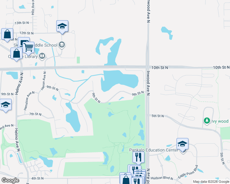 map of restaurants, bars, coffee shops, grocery stores, and more near 8292 9th Street North in Oakdale