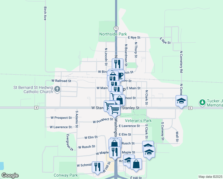map of restaurants, bars, coffee shops, grocery stores, and more near 103 West Main Street in Thorp