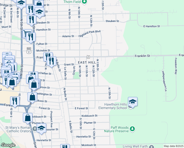 map of restaurants, bars, coffee shops, grocery stores, and more near 512 N 12th St in Wausau