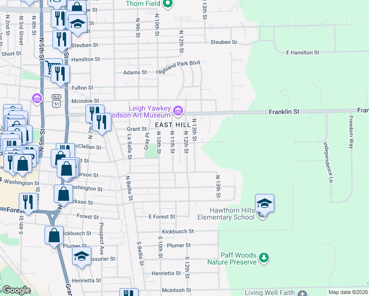 map of restaurants, bars, coffee shops, grocery stores, and more near 512 North 12th Street in Wausau