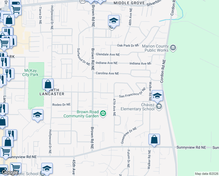map of restaurants, bars, coffee shops, grocery stores, and more near 2640 Sunmeadow Court Northeast in Salem