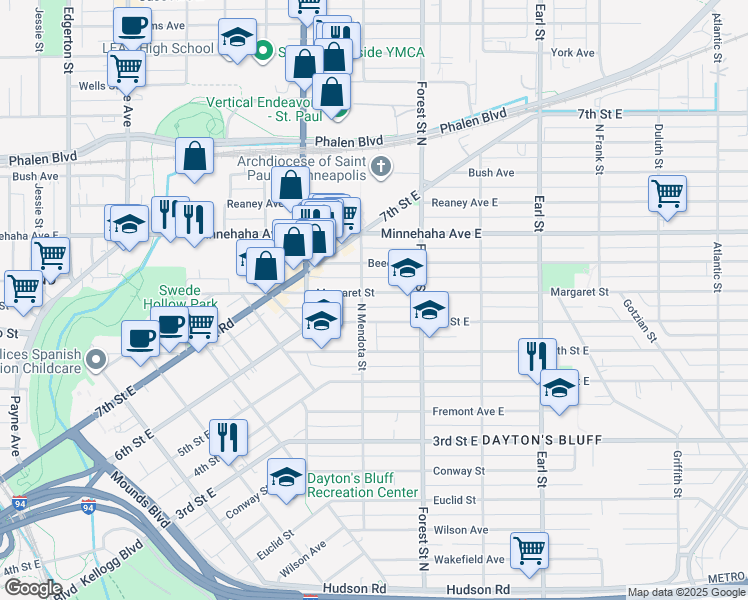 map of restaurants, bars, coffee shops, grocery stores, and more near 890 Margaret Street in Saint Paul