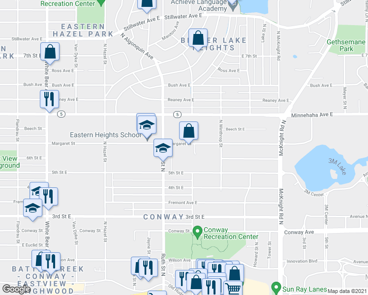 map of restaurants, bars, coffee shops, grocery stores, and more near 2068 Margaret Street in Saint Paul