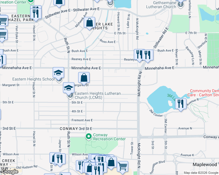 map of restaurants, bars, coffee shops, grocery stores, and more near 2168 Margaret Street in Saint Paul