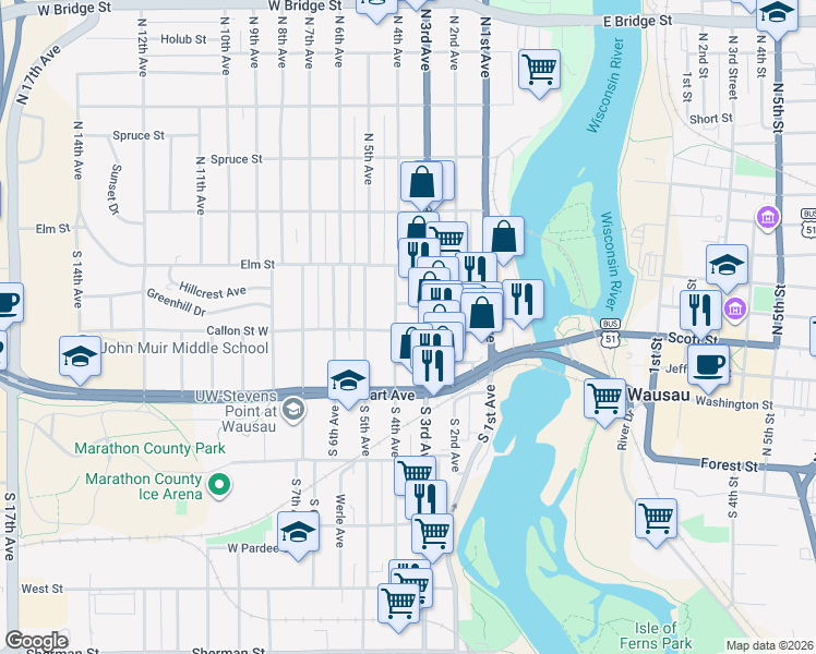 map of restaurants, bars, coffee shops, grocery stores, and more near 312 Callon Street in Wausau