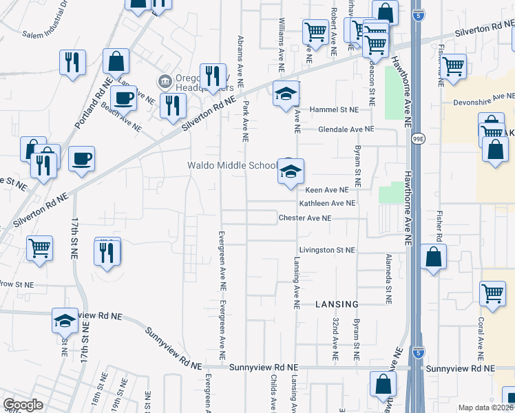 map of restaurants, bars, coffee shops, grocery stores, and more near 2831 Chester Avenue Northeast in Salem