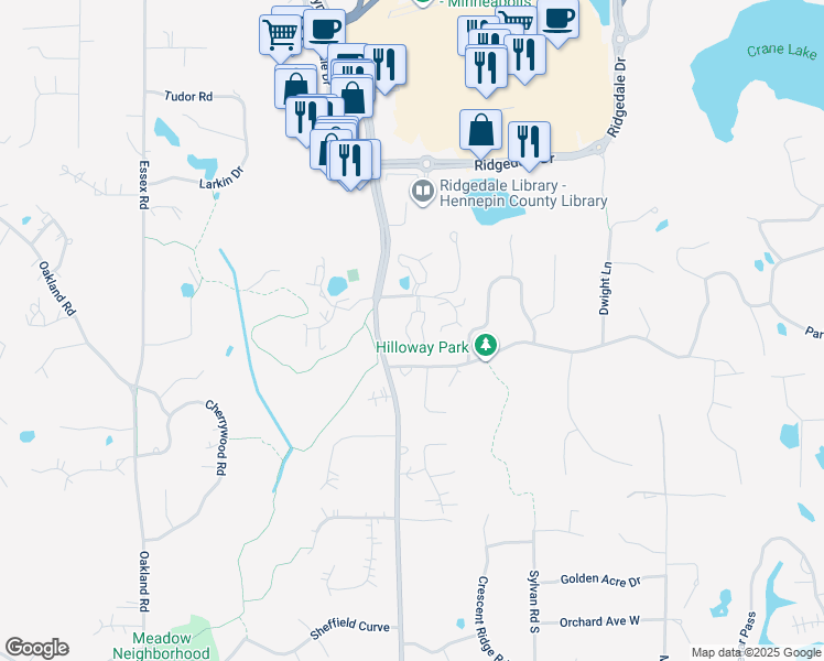 map of restaurants, bars, coffee shops, grocery stores, and more near 2227 Sherwood Court in Hopkins
