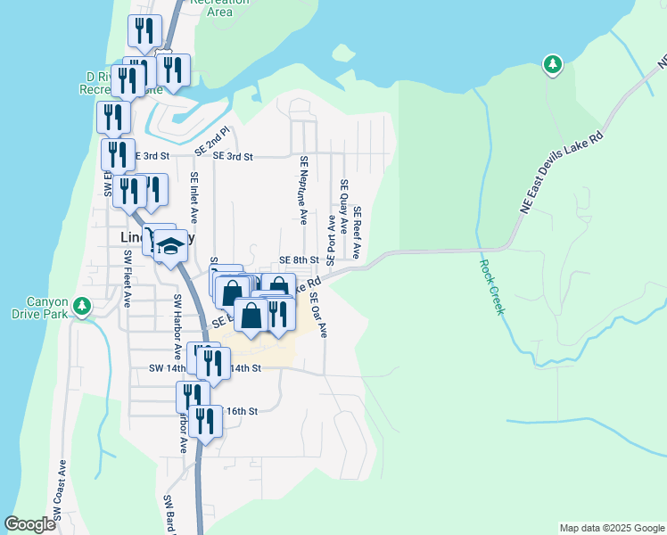 map of restaurants, bars, coffee shops, grocery stores, and more near 833 Southeast Port Avenue in Lincoln City