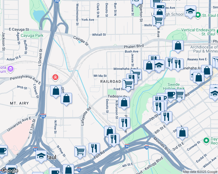 map of restaurants, bars, coffee shops, grocery stores, and more near 660 Desoto Street in Saint Paul