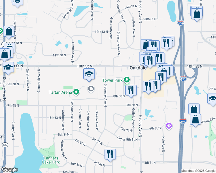 map of restaurants, bars, coffee shops, grocery stores, and more near 857 Greenway Avenue North in Oakdale