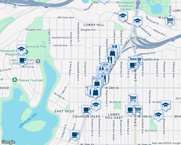 map of restaurants, bars, coffee shops, grocery stores, and more near 2136 Fremont Avenue South in Minneapolis