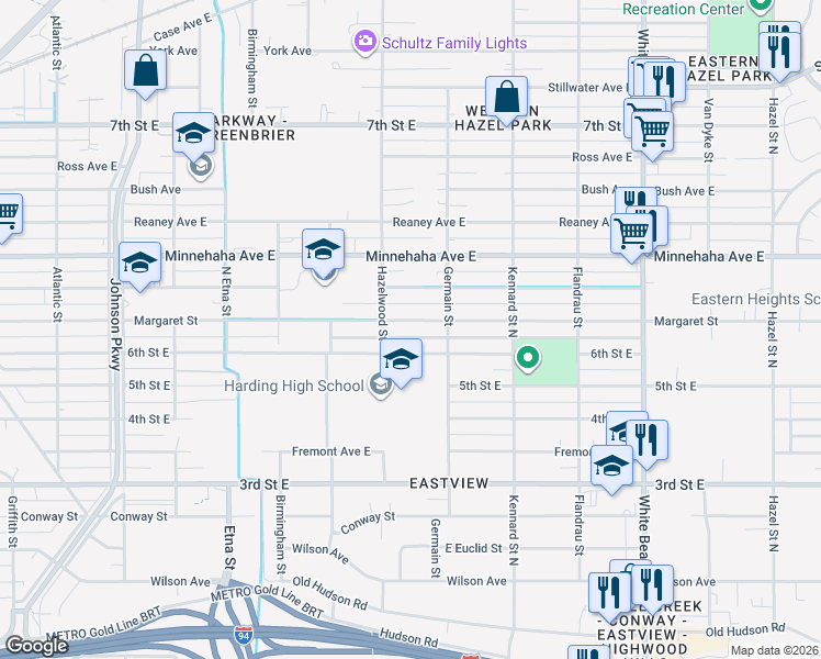 map of restaurants, bars, coffee shops, grocery stores, and more near 1564 Margaret Street in Saint Paul