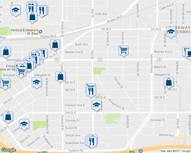 map of restaurants, bars, coffee shops, grocery stores, and more near 1070 Margaret Street in Saint Paul