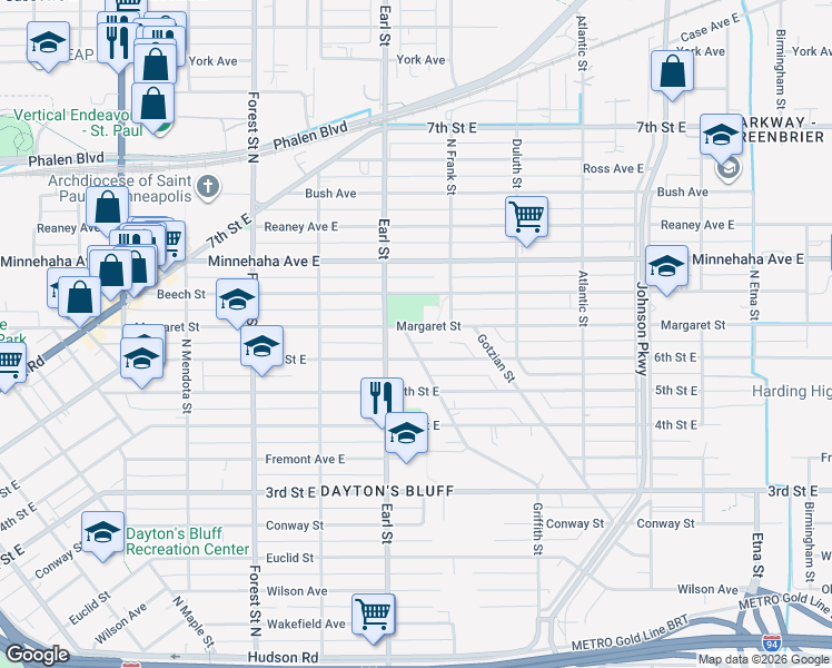 map of restaurants, bars, coffee shops, grocery stores, and more near 1082 Margaret Street in Saint Paul