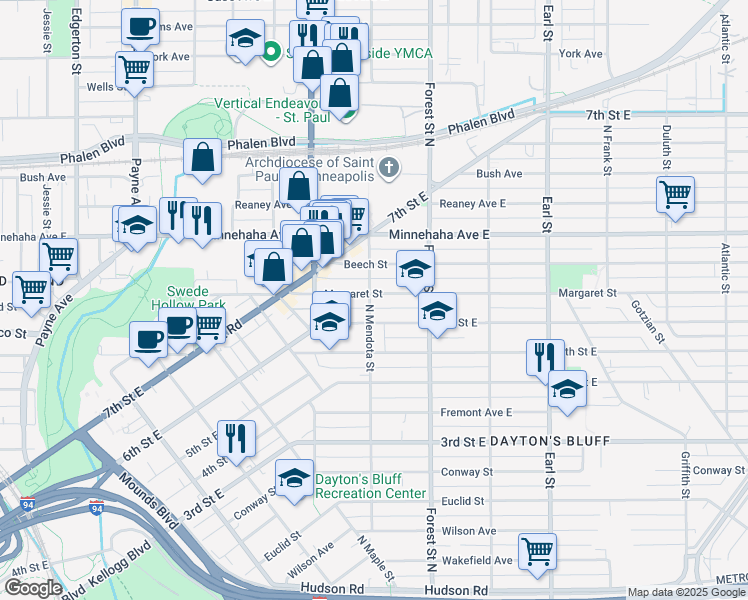 map of restaurants, bars, coffee shops, grocery stores, and more near 890 Margaret Street in Saint Paul