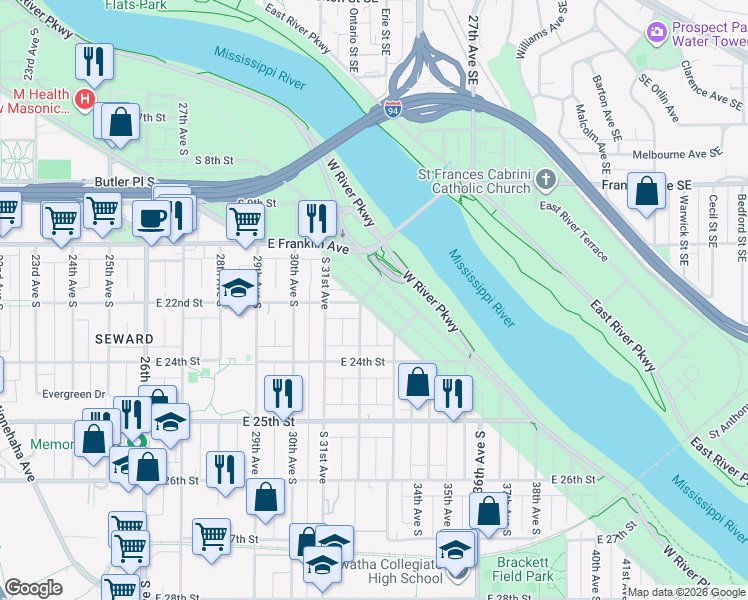 map of restaurants, bars, coffee shops, grocery stores, and more near 2205 Minneapolis Avenue in Minneapolis