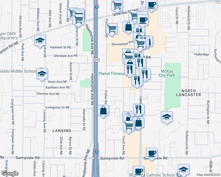 map of restaurants, bars, coffee shops, grocery stores, and more near 3672 Beverly Avenue Northeast in Salem