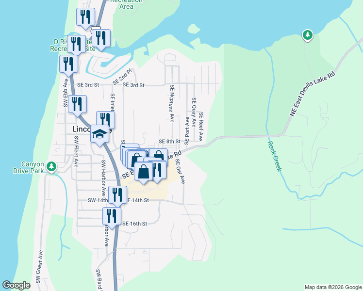 map of restaurants, bars, coffee shops, grocery stores, and more near 833 Southeast Port Avenue in Lincoln City