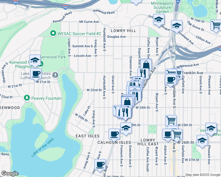 map of restaurants, bars, coffee shops, grocery stores, and more near 2128 Girard Avenue South in Minneapolis