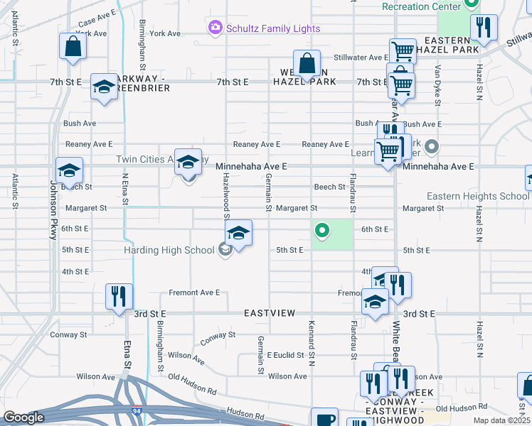 map of restaurants, bars, coffee shops, grocery stores, and more near 1596 Margaret Street in Saint Paul