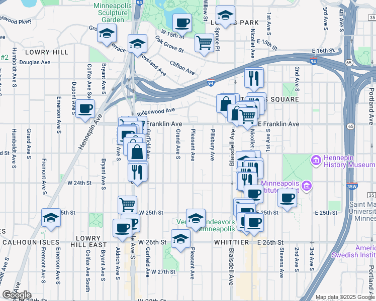 map of restaurants, bars, coffee shops, grocery stores, and more near 308 West 22nd Street in Minneapolis