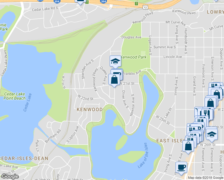map of restaurants, bars, coffee shops, grocery stores, and more near 2112 Penn Avenue South in Minneapolis