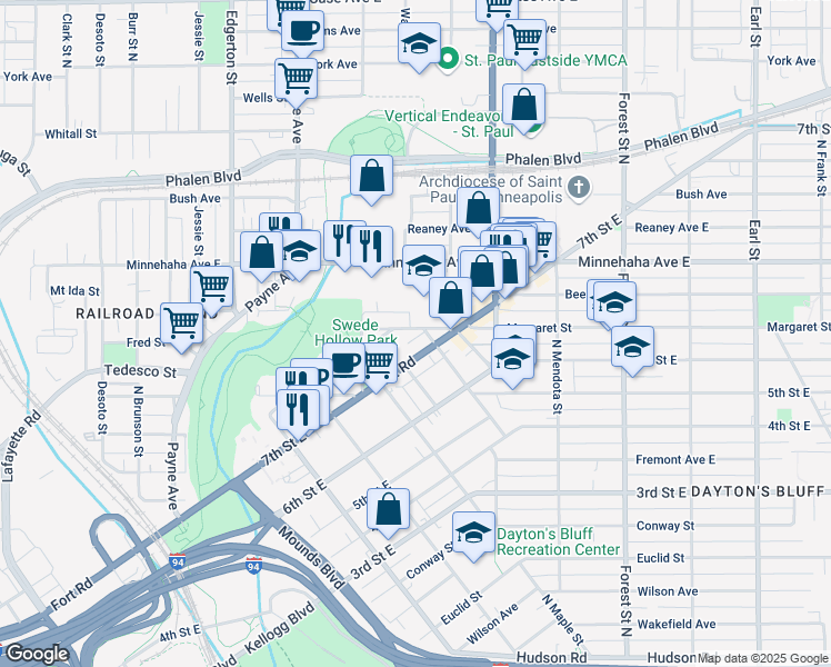 map of restaurants, bars, coffee shops, grocery stores, and more near 752 Margaret Street in Saint Paul