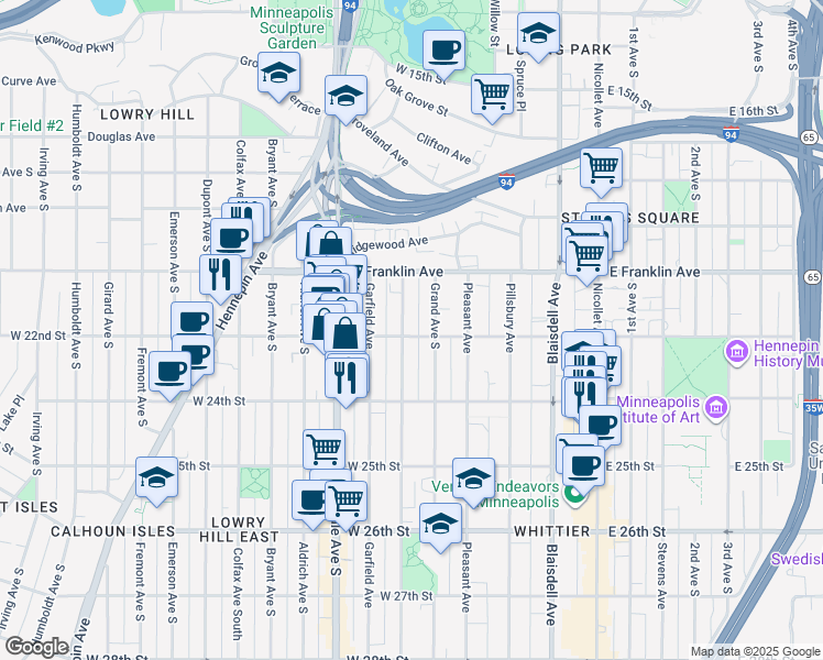 map of restaurants, bars, coffee shops, grocery stores, and more near 2125 Harriet Avenue in Minneapolis