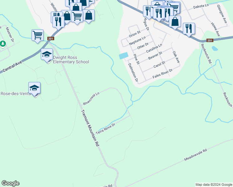 map of restaurants, bars, coffee shops, grocery stores, and more near 93 Rivercrest Lane in Kingston