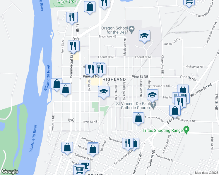 map of restaurants, bars, coffee shops, grocery stores, and more near 2290 5th Street Northeast in Salem