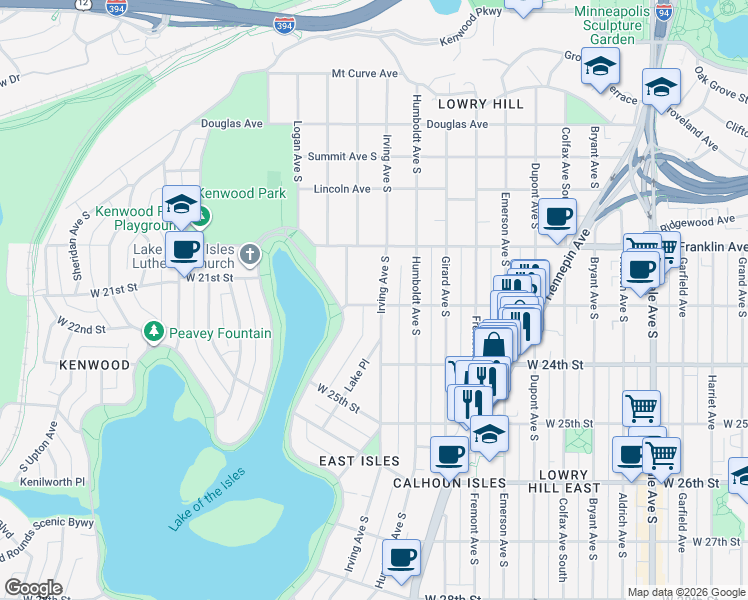 map of restaurants, bars, coffee shops, grocery stores, and more near 1600 West 22nd Street in Minneapolis