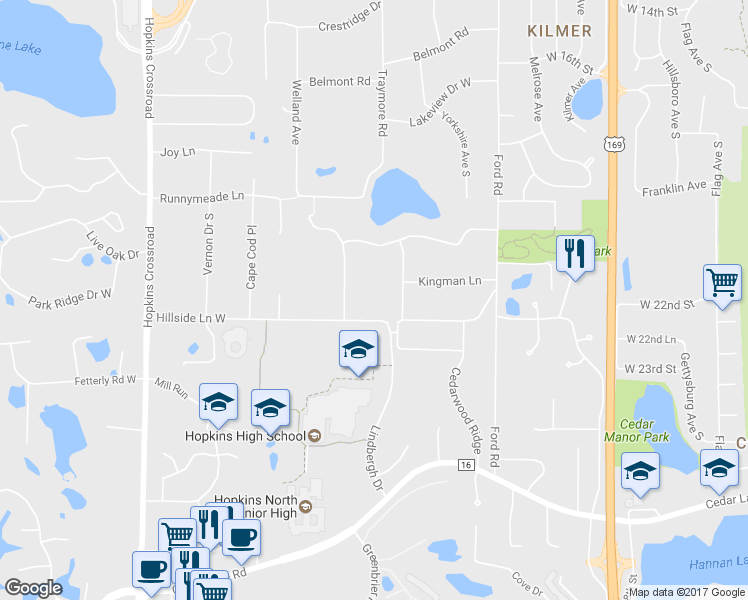 map of restaurants, bars, coffee shops, grocery stores, and more near 10400 Hillside Lane West in Minnetonka