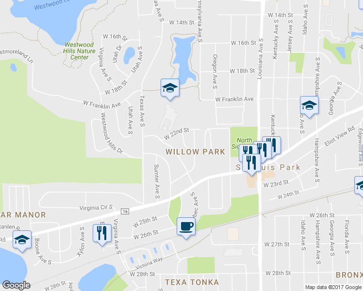 map of restaurants, bars, coffee shops, grocery stores, and more near 2214 Quebec Drive in Minneapolis