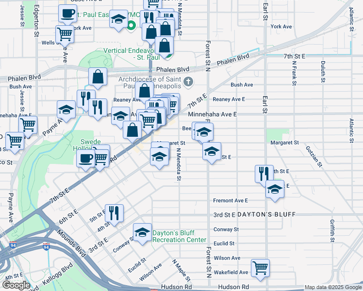 map of restaurants, bars, coffee shops, grocery stores, and more near 890 Margaret Street in Saint Paul